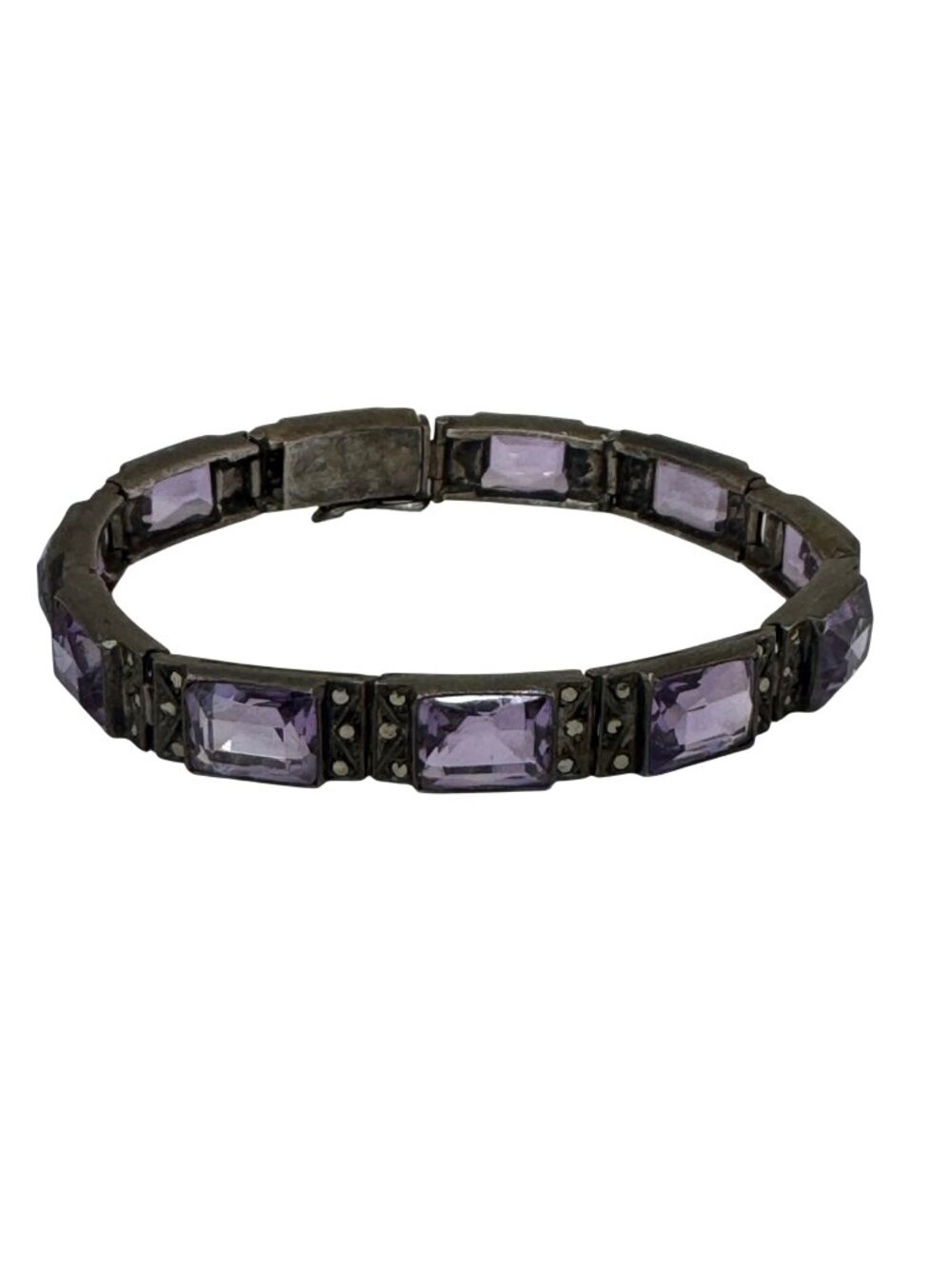 Sterling Silver Amethyst Tennis Bracelet Marcasite 6.5" Art Deco Vtg Statement